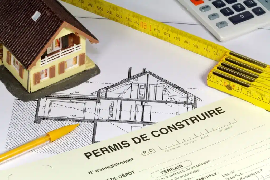 Permis de construire et plans techniques d’une maison avec des outils de mesure et une maquette miniature.